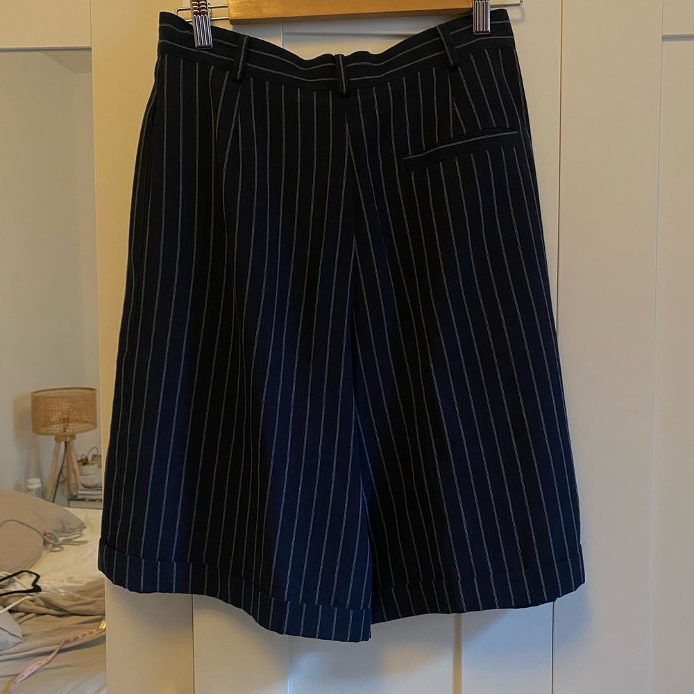 Navy Pinstripe Pleated Shorts - Picture 2 of 3